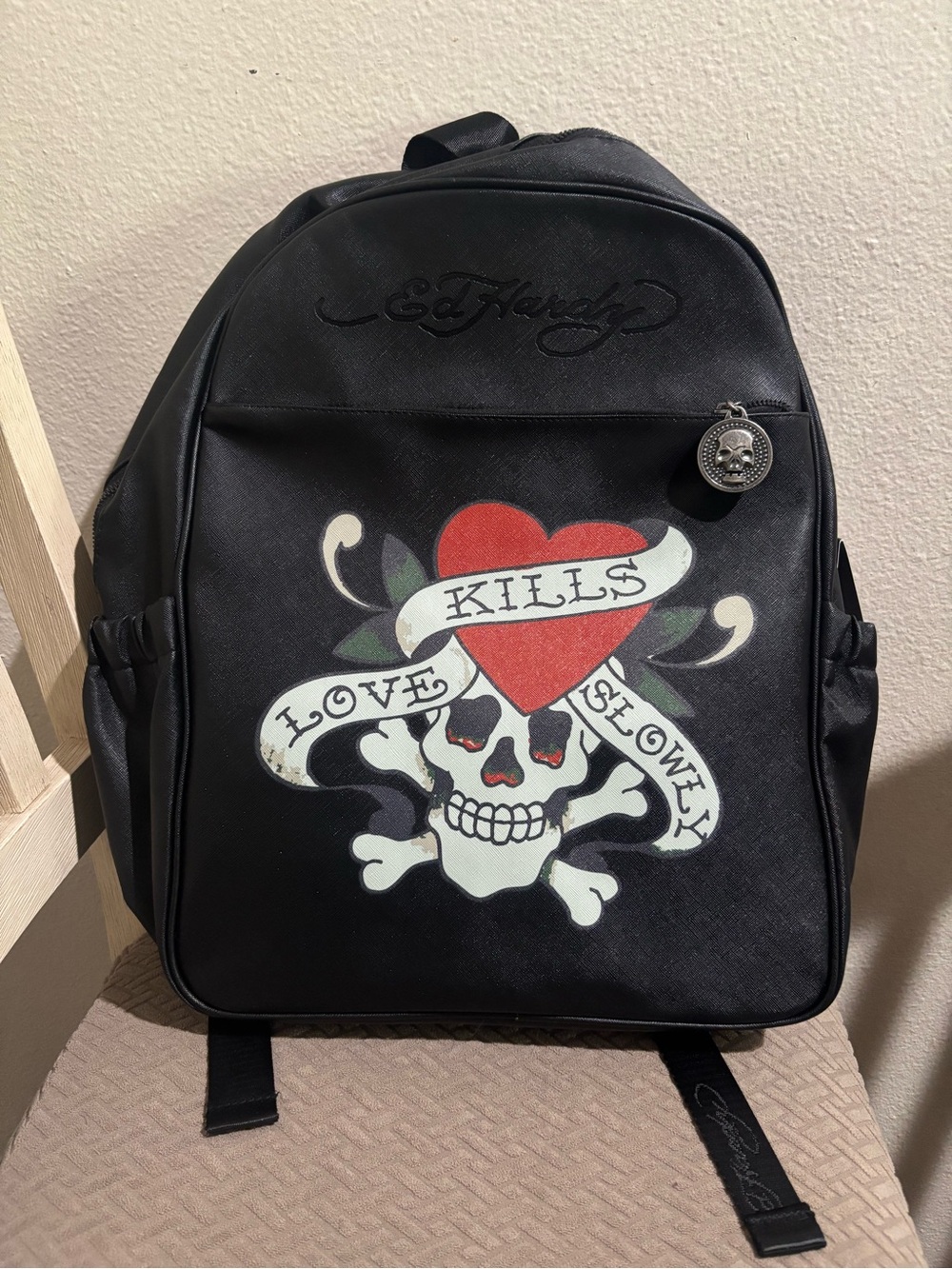 Ed Hardy Unisex Black Backpack with Red Heart and White Skull Graphic